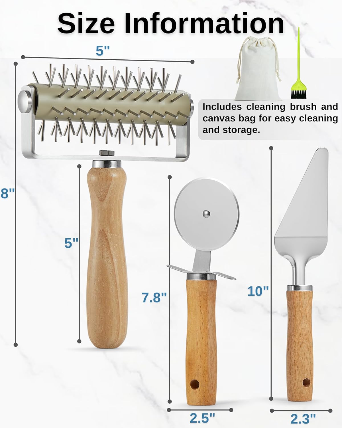 Pizza Dough Docker Roller with Stainless Steel Spikes and Pizza Cutter with Protective Cover, Includes Cleaning Brush and Canvas Bag, Perfect for Homemade Pizza, Pie, and Pastry