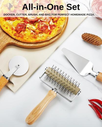Pizza Dough Docker Roller with Stainless Steel Spikes and Pizza Cutter with Protective Cover, Includes Cleaning Brush and Canvas Bag, Perfect for Homemade Pizza, Pie, and Pastry