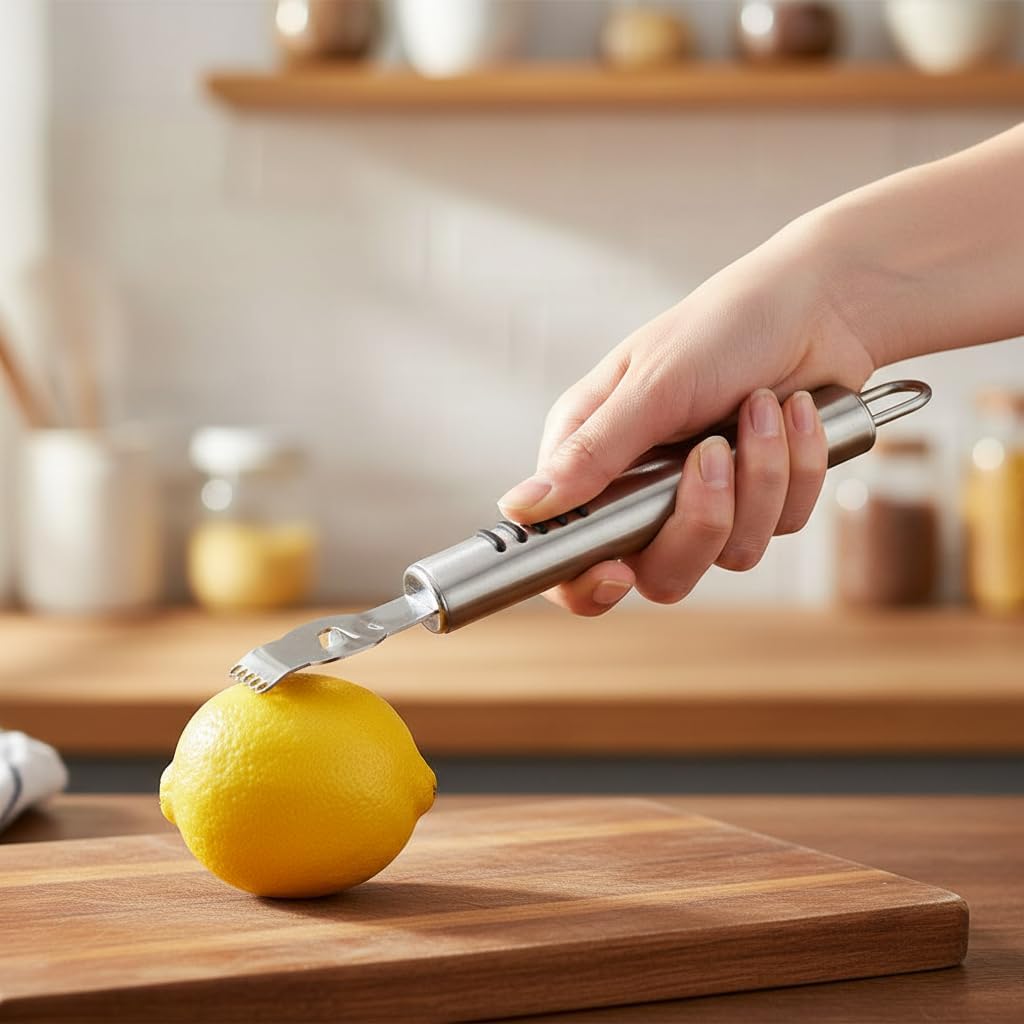 Silver Lemon Zester Peeler, Stainless Steel Lemon Lime Orange Peeler with Knife Fruit Zester Citrus Scraper, Handheld Peeling Tool Fruit Orange Peelers Kitchen Tools Graters, Peelers and Slicers