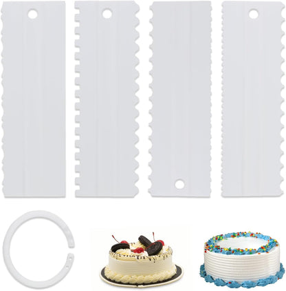 4 Pcs Cream Cake Scraper set, Plastic Decorating Sawtooth for baking, Sided Patterned Edge Stripe Edge Mousse Butter Cake Edge Tools Icing Smoother Kitchen Baking Cake Edge DIY Tool