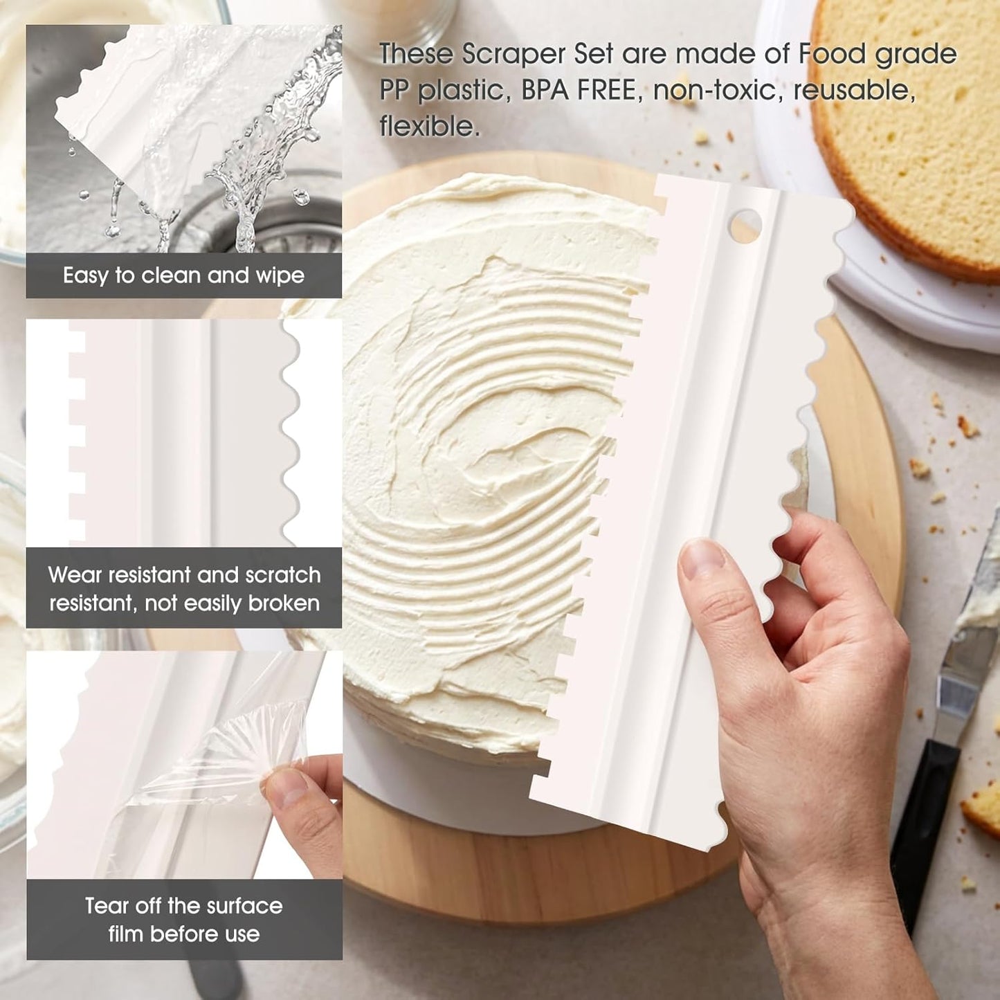 4 Pcs Cream Cake Scraper set, Plastic Decorating Sawtooth for baking, Sided Patterned Edge Stripe Edge Mousse Butter Cake Edge Tools Icing Smoother Kitchen Baking Cake Edge DIY Tool