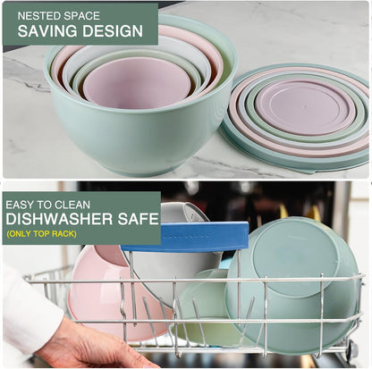 Plastic Mixing Bowls with Lids Set for Kitchen, 5 Set Nesting Bowls for Mixing, Baking, Prepping, Cooking and Serving Food, Mixing Bowls Dishwasher, Microwave Safe