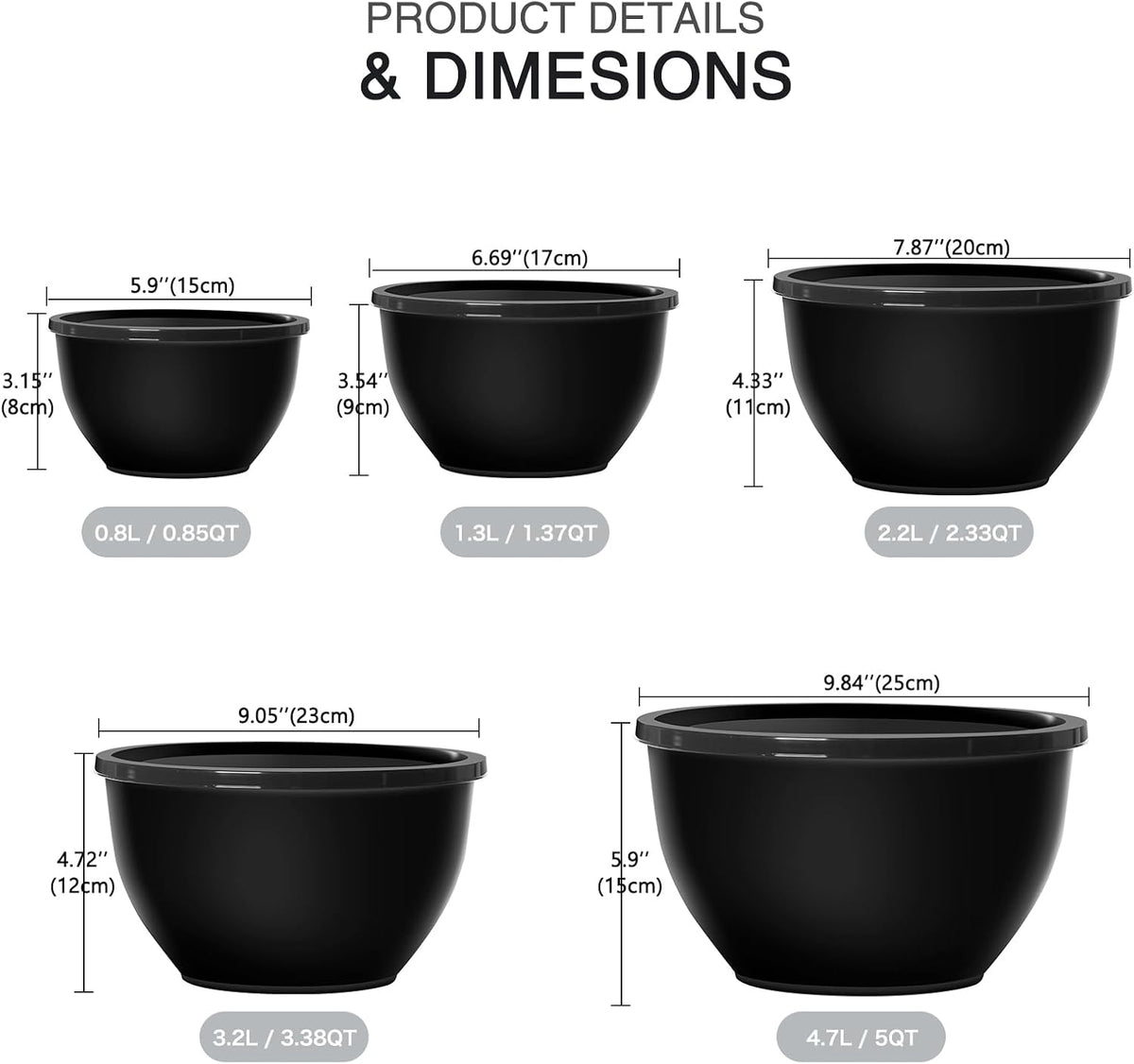 Plastic Mixing Bowls with Lids Set for Kitchen, 5 Set Nesting Bowls for Mixing, Baking, Prepping, Cooking and Serving Food, Mixing Bowls Dishwasher, Microwave Safe