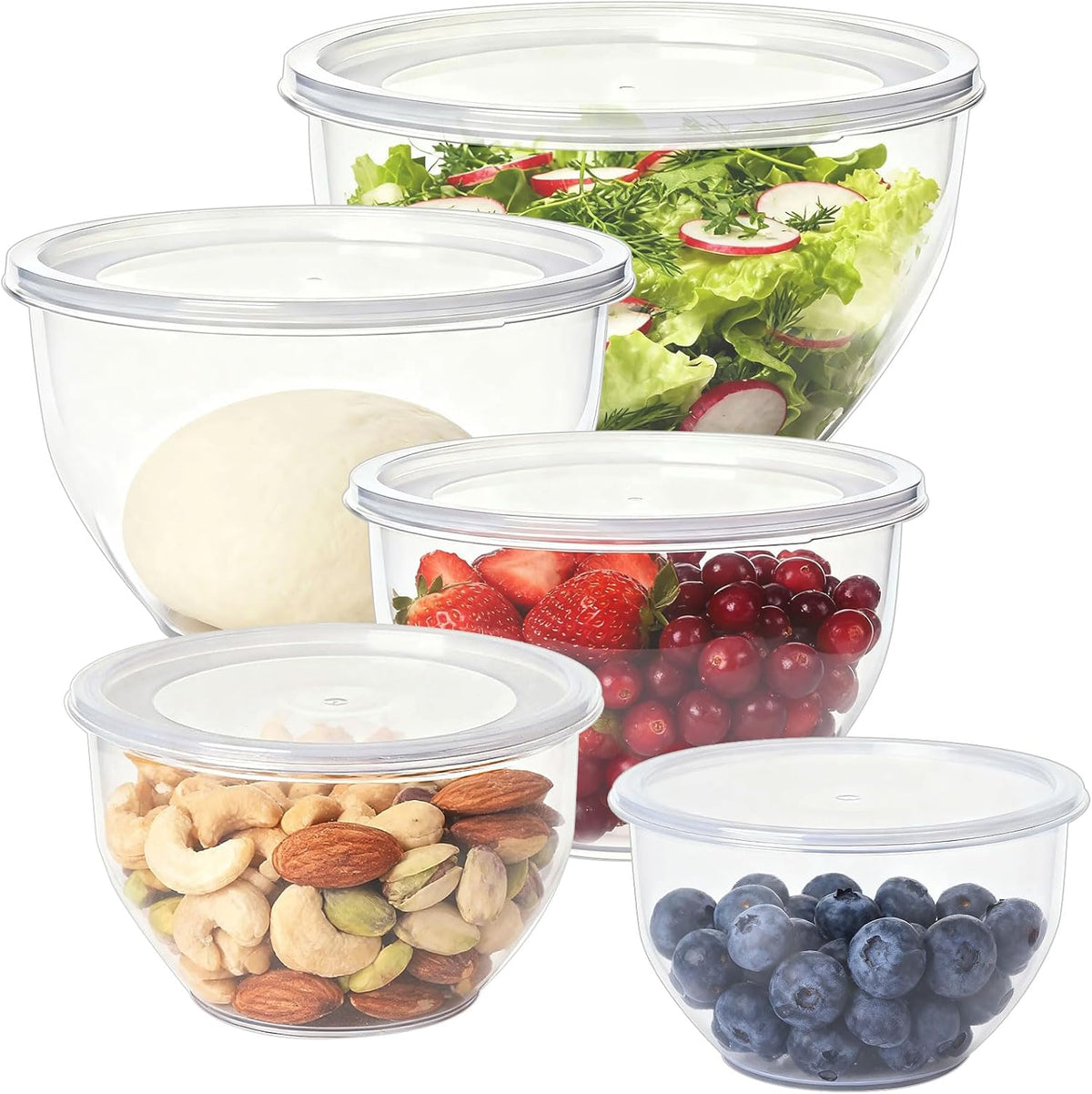 Plastic Mixing Bowls with Lids Set for Kitchen, 5 Set Nesting Bowls for Mixing, Baking, Prepping, Cooking and Serving Food, Mixing Bowls Dishwasher, Microwave Safe