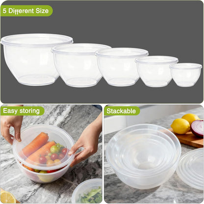 Plastic Mixing Bowls with Lids Set for Kitchen, 5 Set Nesting Bowls for Mixing, Baking, Prepping, Cooking and Serving Food, Mixing Bowls Dishwasher, Microwave Safe