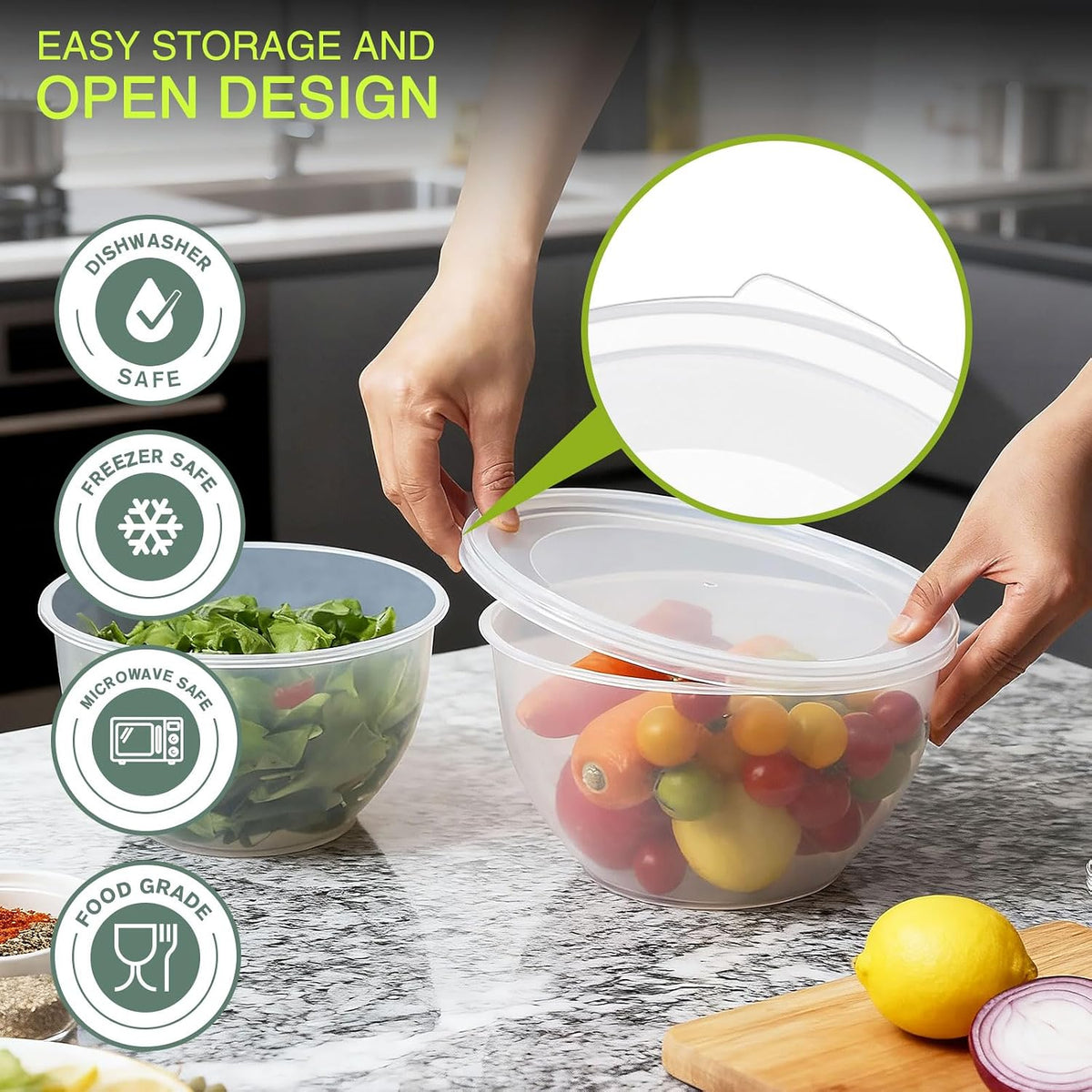 Plastic Mixing Bowls with Lids Set for Kitchen, 5 Set Nesting Bowls for Mixing, Baking, Prepping, Cooking and Serving Food, Mixing Bowls Dishwasher, Microwave Safe