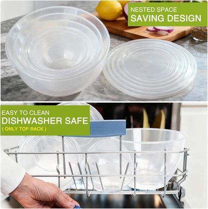Plastic Mixing Bowls with Lids Set for Kitchen, 5 Set Nesting Bowls for Mixing, Baking, Prepping, Cooking and Serving Food, Mixing Bowls Dishwasher, Microwave Safe