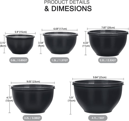 Plastic Mixing Bowls with Lids Set for Kitchen, 5 Set Nesting Bowls for Mixing, Baking, Prepping, Cooking and Serving Food, Mixing Bowls Dishwasher, Microwave Safe