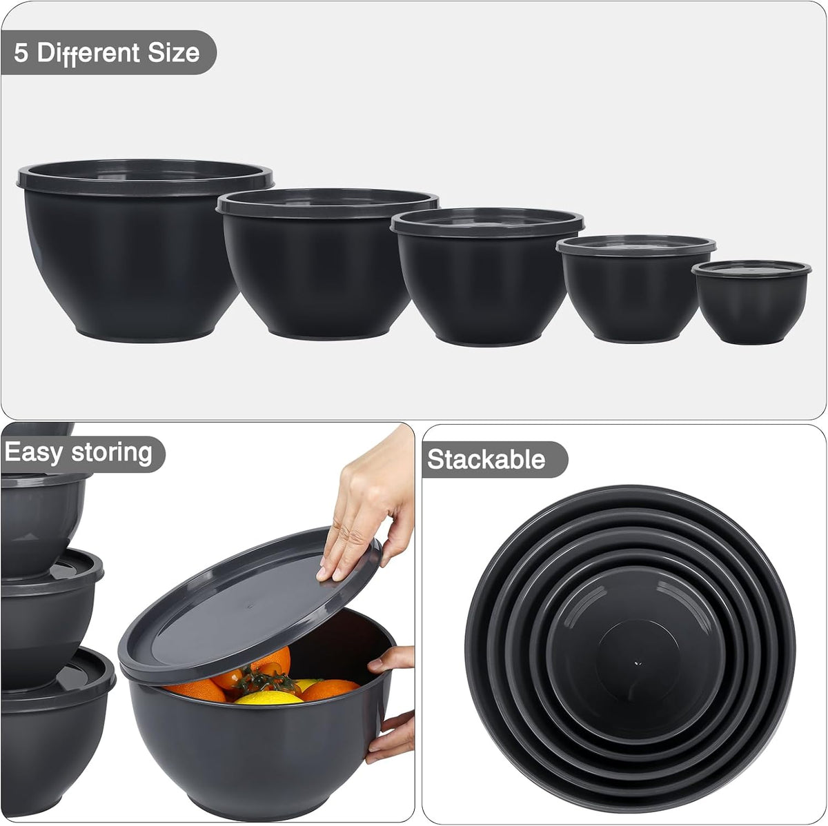 Plastic Mixing Bowls with Lids Set for Kitchen, 5 Set Nesting Bowls for Mixing, Baking, Prepping, Cooking and Serving Food, Mixing Bowls Dishwasher, Microwave Safe