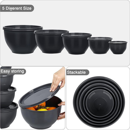 Plastic Mixing Bowls with Lids Set for Kitchen, 5 Set Nesting Bowls for Mixing, Baking, Prepping, Cooking and Serving Food, Mixing Bowls Dishwasher, Microwave Safe