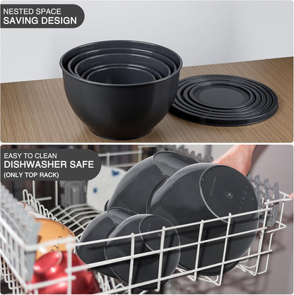 Plastic Mixing Bowls with Lids Set for Kitchen, 5 Set Nesting Bowls for Mixing, Baking, Prepping, Cooking and Serving Food, Mixing Bowls Dishwasher, Microwave Safe