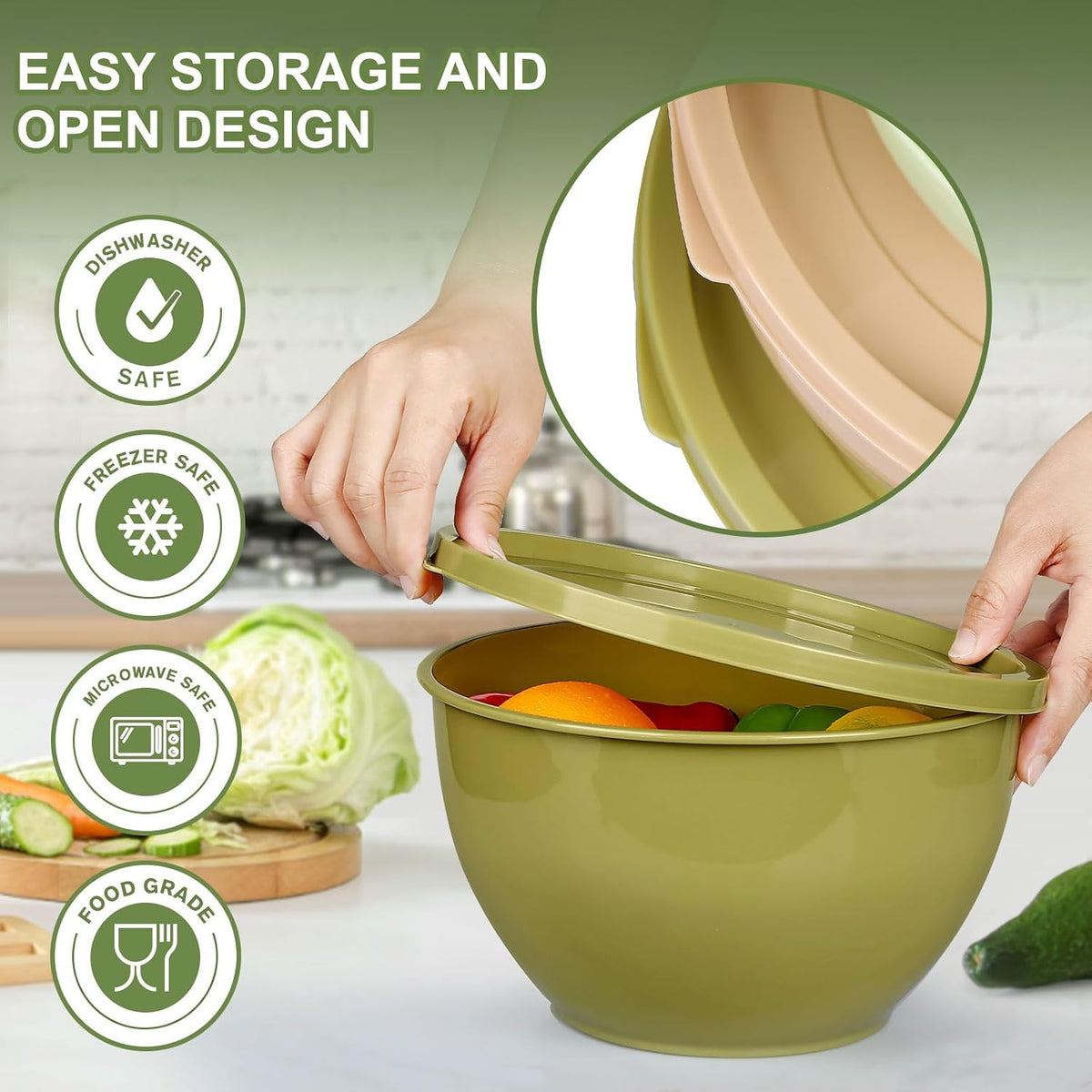 Plastic Mixing Bowls with Lids Set for Kitchen, 5 Set Nesting Bowls for Mixing, Baking, Prepping, Cooking and Serving Food, Mixing Bowls Dishwasher, Microwave Safe