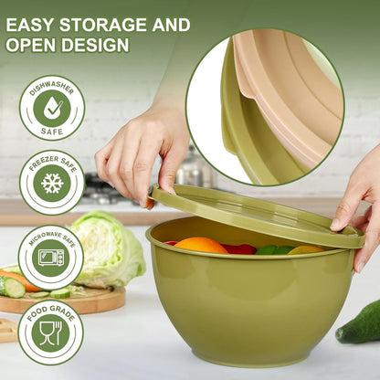 Plastic Mixing Bowls with Lids Set for Kitchen, 5 Set Nesting Bowls for Mixing, Baking, Prepping, Cooking and Serving Food, Mixing Bowls Dishwasher, Microwave Safe