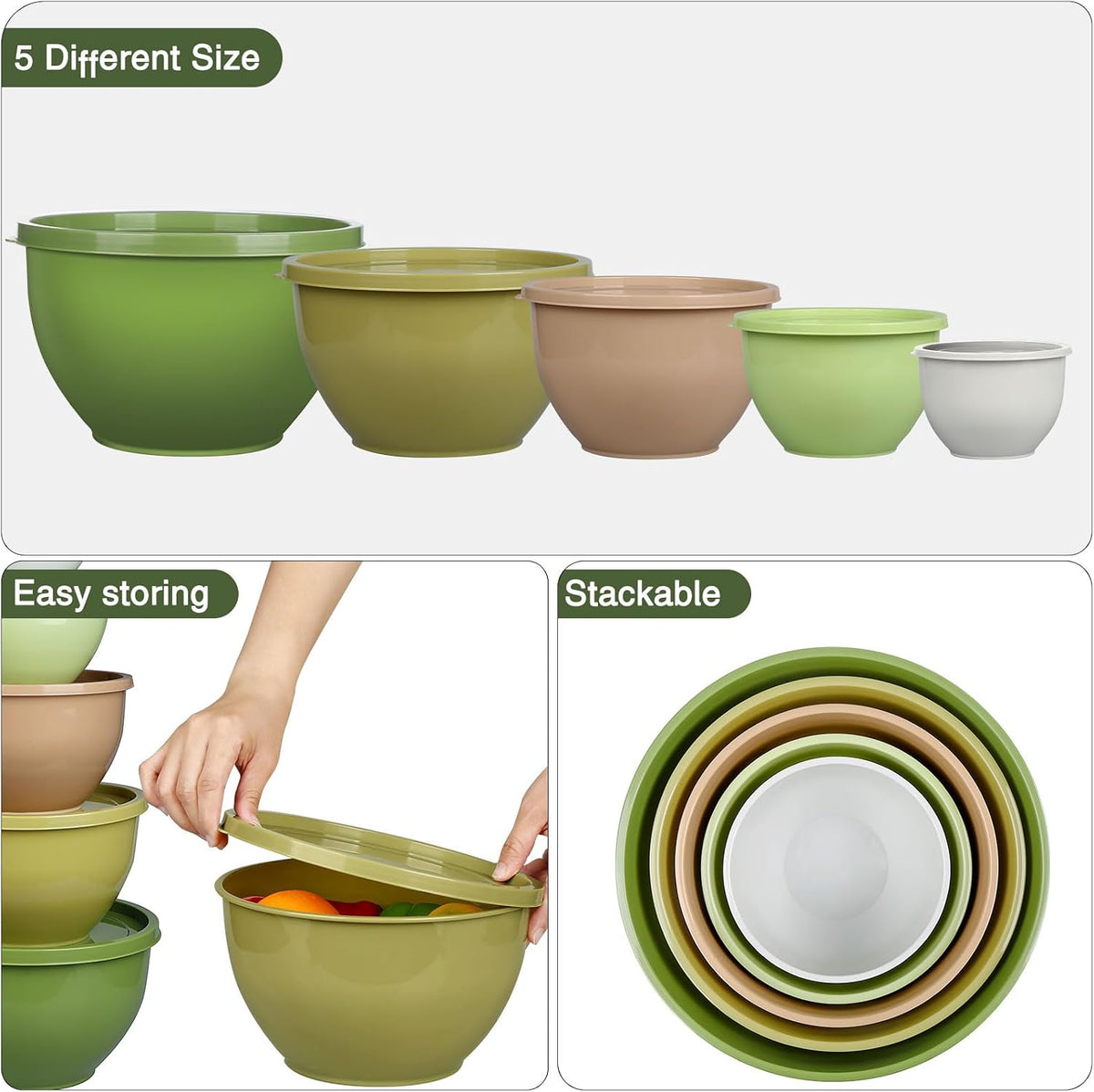 Plastic Mixing Bowls with Lids Set for Kitchen, 5 Set Nesting Bowls for Mixing, Baking, Prepping, Cooking and Serving Food, Mixing Bowls Dishwasher, Microwave Safe
