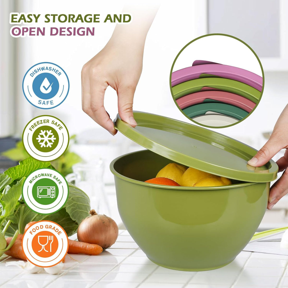 Plastic Mixing Bowls with Lids Set for Kitchen, 5 Set Nesting Bowls for Mixing, Baking, Prepping, Cooking and Serving Food, Mixing Bowls Dishwasher, Microwave Safe