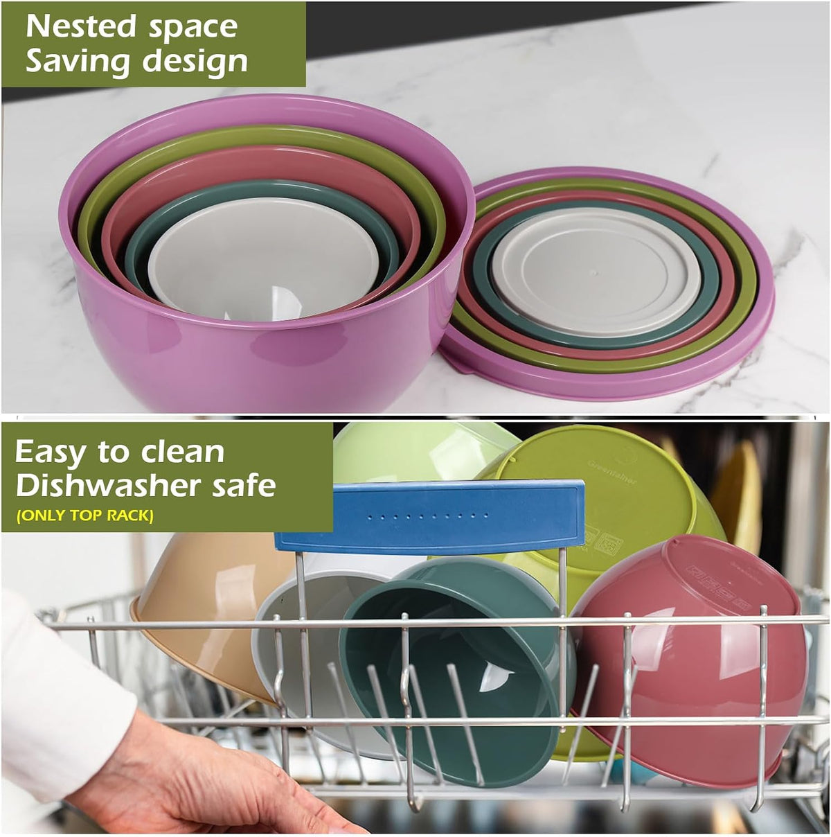 Plastic Mixing Bowls with Lids Set for Kitchen, 5 Set Nesting Bowls for Mixing, Baking, Prepping, Cooking and Serving Food, Mixing Bowls Dishwasher, Microwave Safe