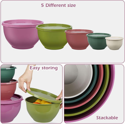 Plastic Mixing Bowls with Lids Set for Kitchen, 5 Set Nesting Bowls for Mixing, Baking, Prepping, Cooking and Serving Food, Mixing Bowls Dishwasher, Microwave Safe