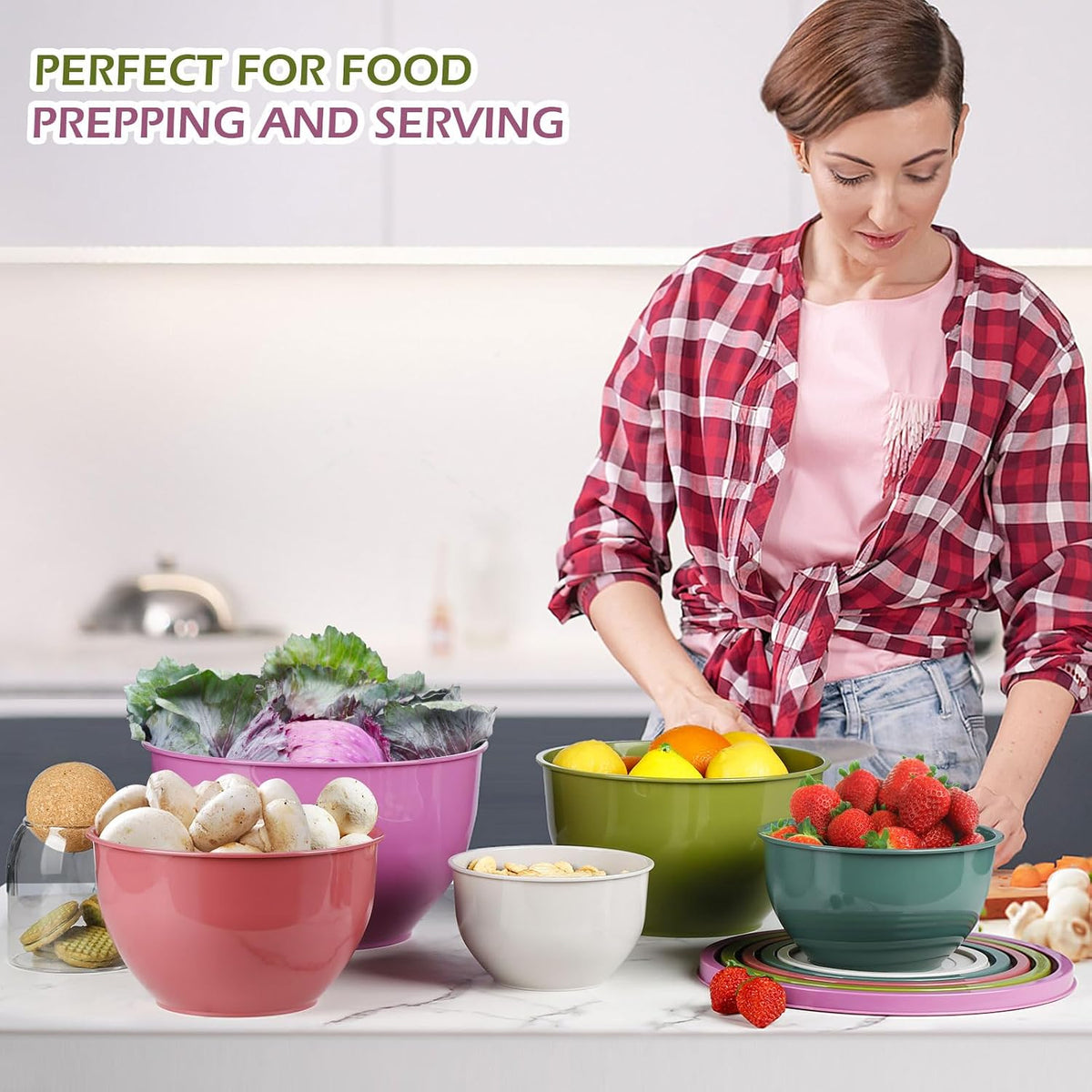 Plastic Mixing Bowls with Lids Set for Kitchen, 5 Set Nesting Bowls for Mixing, Baking, Prepping, Cooking and Serving Food, Mixing Bowls Dishwasher, Microwave Safe