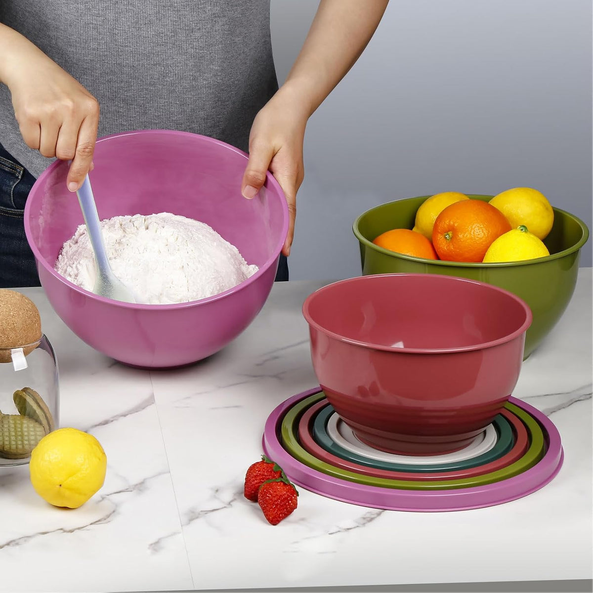 Plastic Mixing Bowls with Lids Set for Kitchen, 5 Set Nesting Bowls for Mixing, Baking, Prepping, Cooking and Serving Food, Mixing Bowls Dishwasher, Microwave Safe