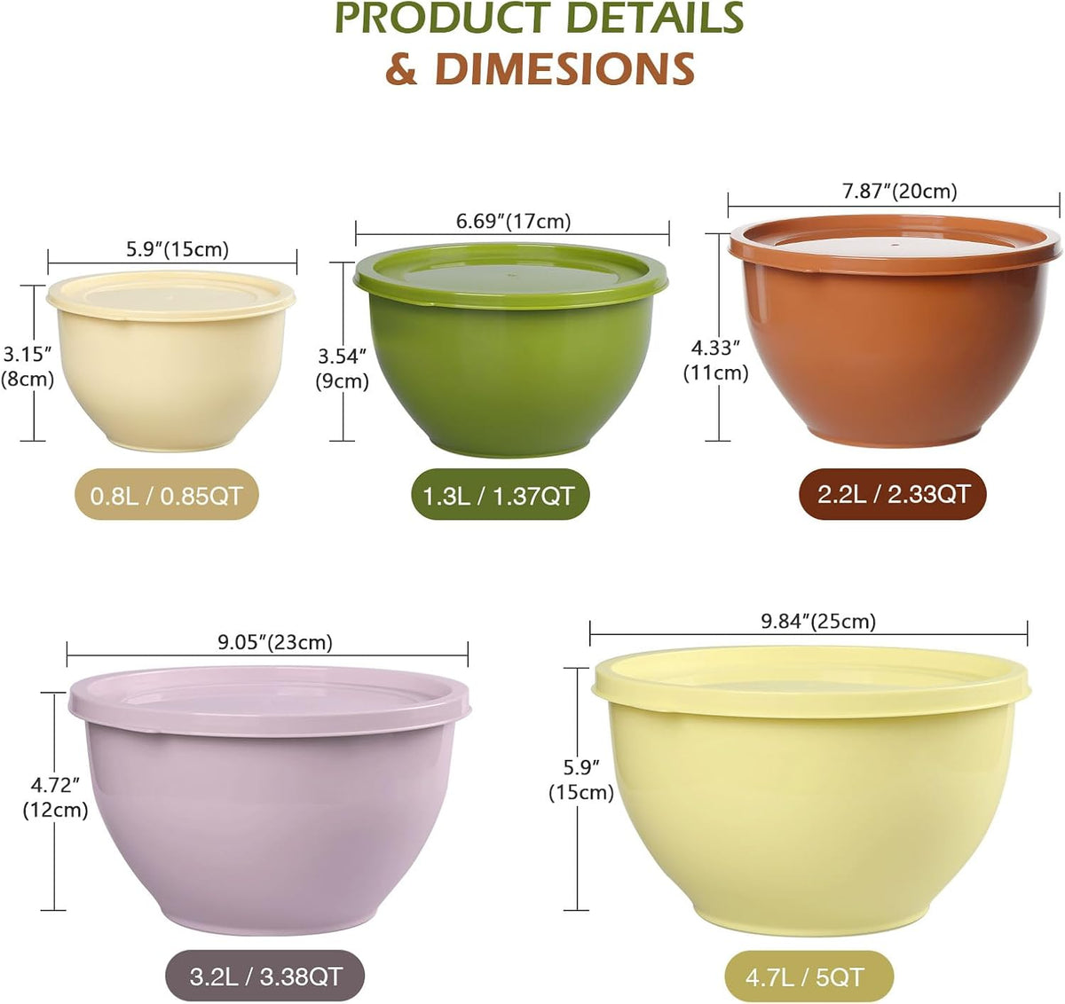 Plastic Mixing Bowls with Lids Set for Kitchen, 5 Set Nesting Bowls for Mixing, Baking, Prepping, Cooking and Serving Food, Mixing Bowls Dishwasher, Microwave Safe