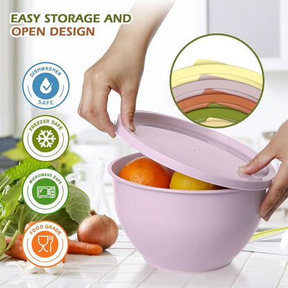 Plastic Mixing Bowls with Lids Set for Kitchen, 5 Set Nesting Bowls for Mixing, Baking, Prepping, Cooking and Serving Food, Mixing Bowls Dishwasher, Microwave Safe