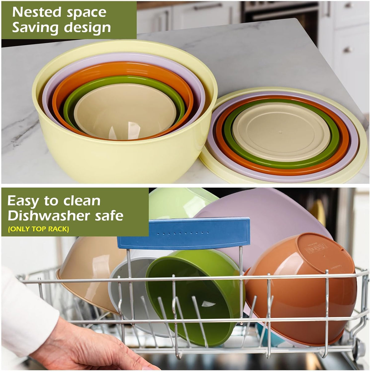 Plastic Mixing Bowls with Lids Set for Kitchen, 5 Set Nesting Bowls for Mixing, Baking, Prepping, Cooking and Serving Food, Mixing Bowls Dishwasher, Microwave Safe