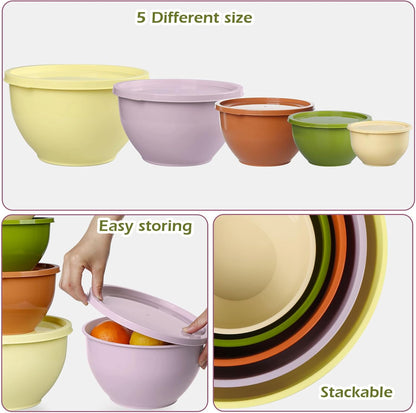 Plastic Mixing Bowls with Lids Set for Kitchen, 5 Set Nesting Bowls for Mixing, Baking, Prepping, Cooking and Serving Food, Mixing Bowls Dishwasher, Microwave Safe