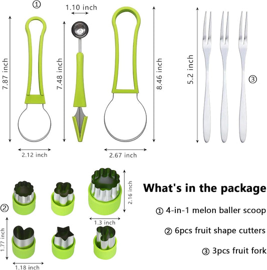12PCS Melon Baller Scoop Set, 4-in-1 Watermelon Scooper Fruit Scooper, Fruit Cutter Shapes, Fruit Fork, Stainless Steel Carving Knife Kitchen Tools for Dig Pulp Separator Fruit Slicer