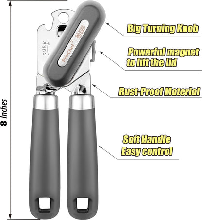 Can Opener, No-Trouble-Lid-Lift Manual Handheld Can Opener with Magnet, Smooth Edge Safe Cut for Beer/Tin/Bottle, Big Turning Knob Anti-Slip Handle Good for Seniors with Arthritis