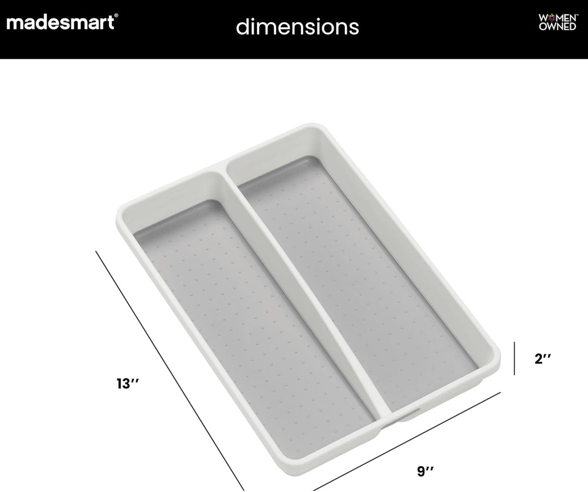 Classic 2 Compartment Compact Kitchen Tool Tray, White | non slip feet, rounded corners, soft grip lining, wide channels, spatulas whisks tongs, ladles serving spoons, woman owned