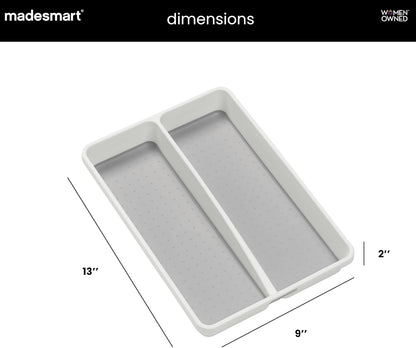 Classic 2 Compartment Compact Kitchen Tool Tray, White | non slip feet, rounded corners, soft grip lining, wide channels, spatulas whisks tongs, ladles serving spoons, woman owned