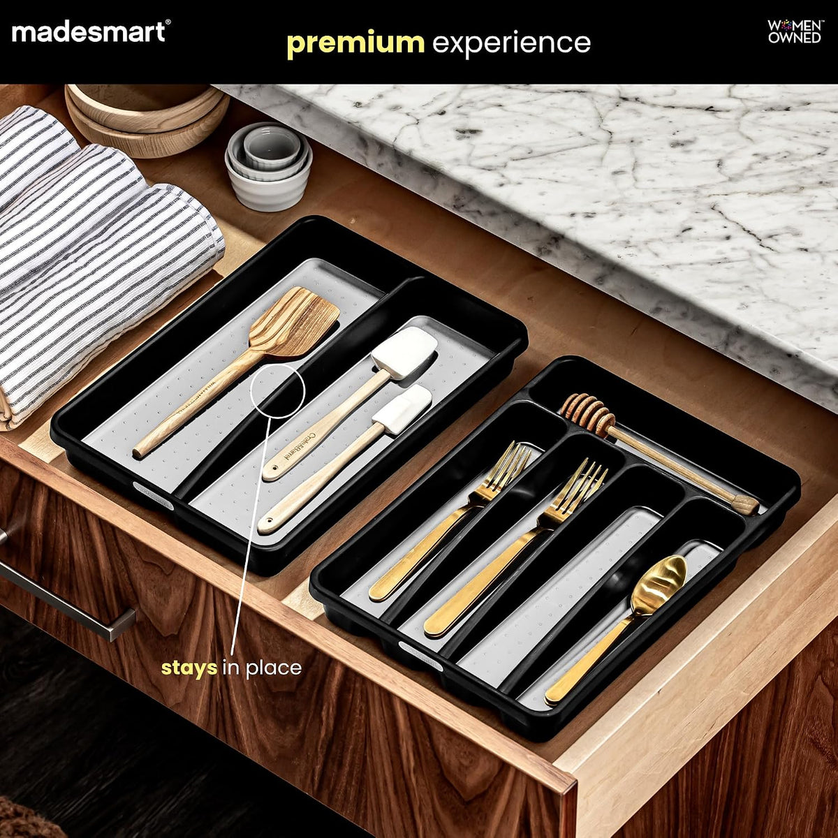 Classic 2 Compartment Compact Kitchen Tool Tray, White | non slip feet, rounded corners, soft grip lining, wide channels, spatulas whisks tongs, ladles serving spoons, woman owned