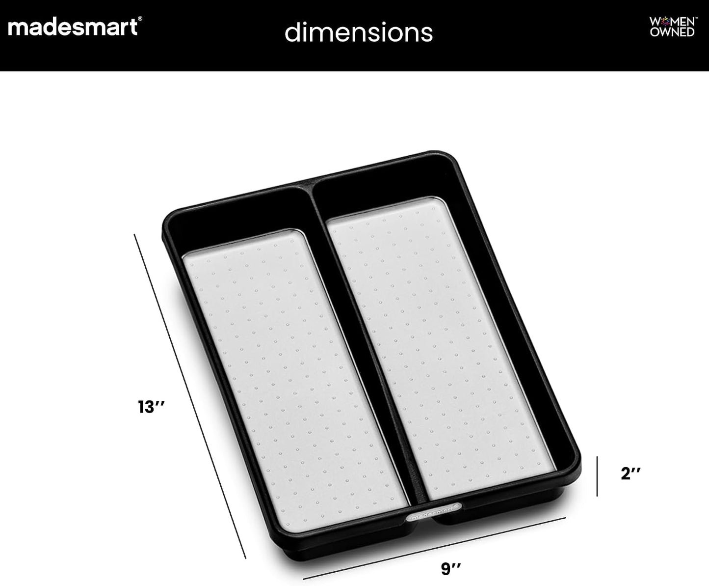 Classic 2 Compartment Compact Kitchen Tool Tray, White | non slip feet, rounded corners, soft grip lining, wide channels, spatulas whisks tongs, ladles serving spoons, woman owned