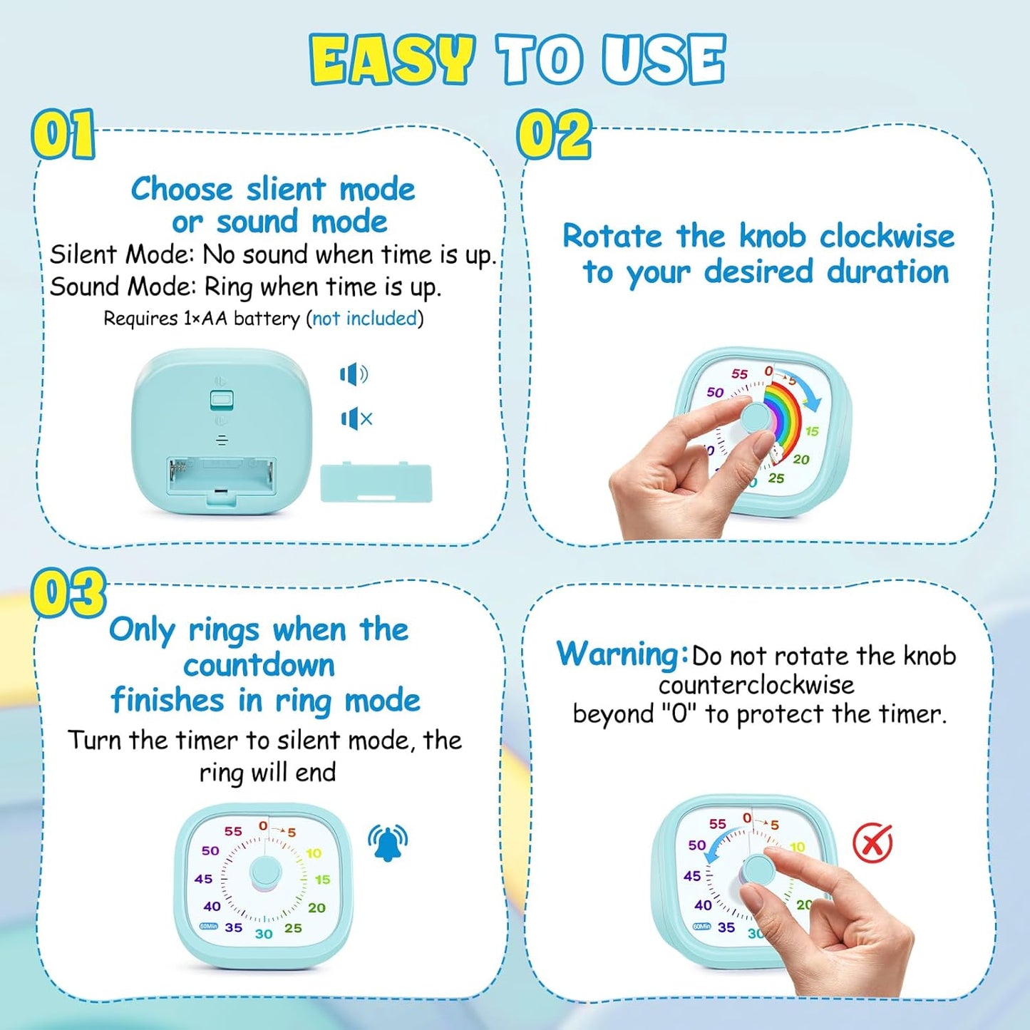 Visual Timer for Kids - 60 Minute Pomodoro Timers for Classroom Kitchen Office, Countdown Kids Timer Clock with Rainbow Disk, Desk Time Management Tool for Toddler with Silent Operation, Blue