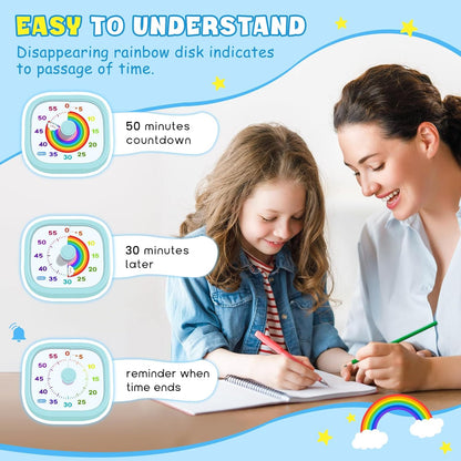 Visual Timer for Kids - 60 Minute Pomodoro Timers for Classroom Kitchen Office, Countdown Kids Timer Clock with Rainbow Disk, Desk Time Management Tool for Toddler with Silent Operation, Blue