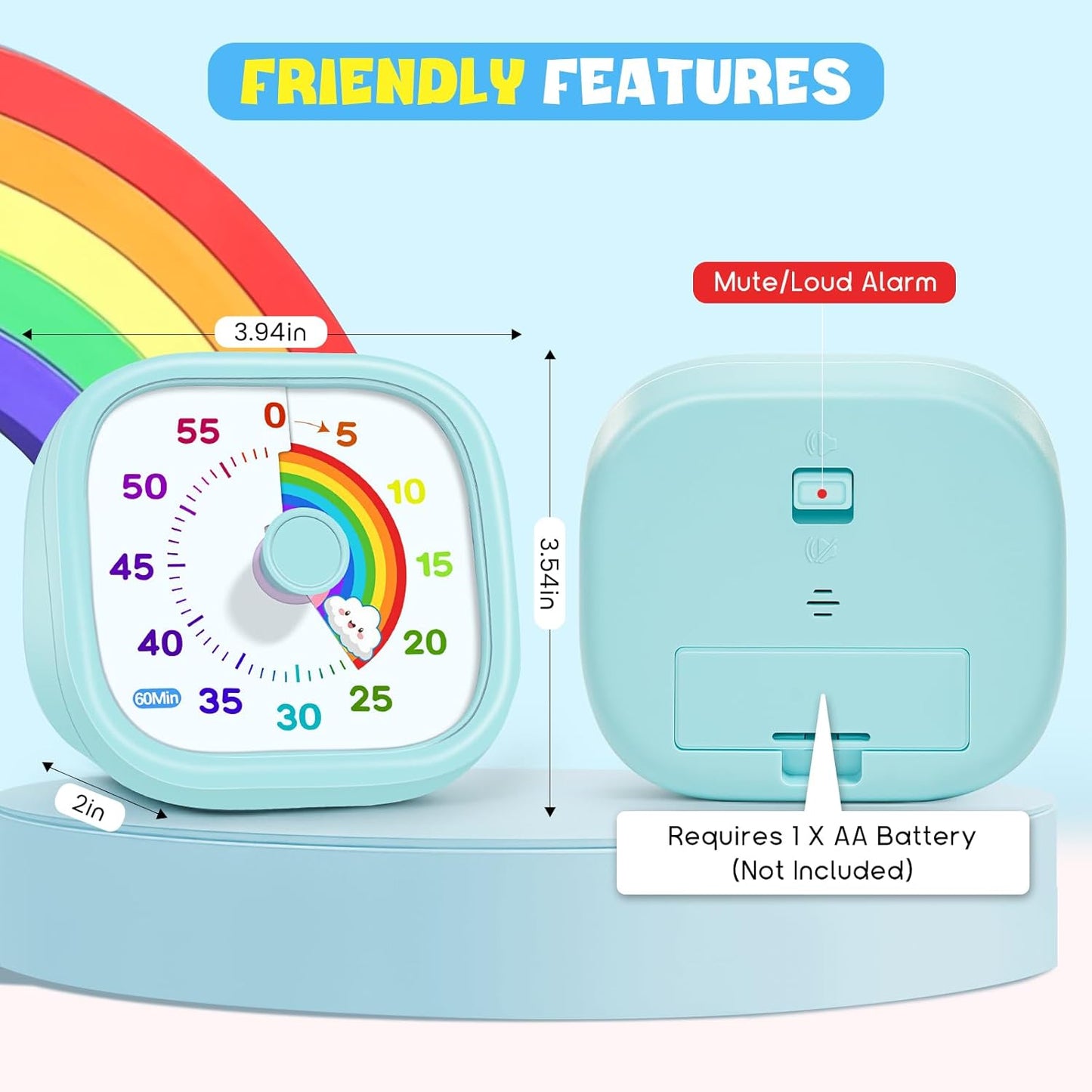 Visual Timer for Kids - 60 Minute Pomodoro Timers for Classroom Kitchen Office, Countdown Kids Timer Clock with Rainbow Disk, Desk Time Management Tool for Toddler with Silent Operation, Blue