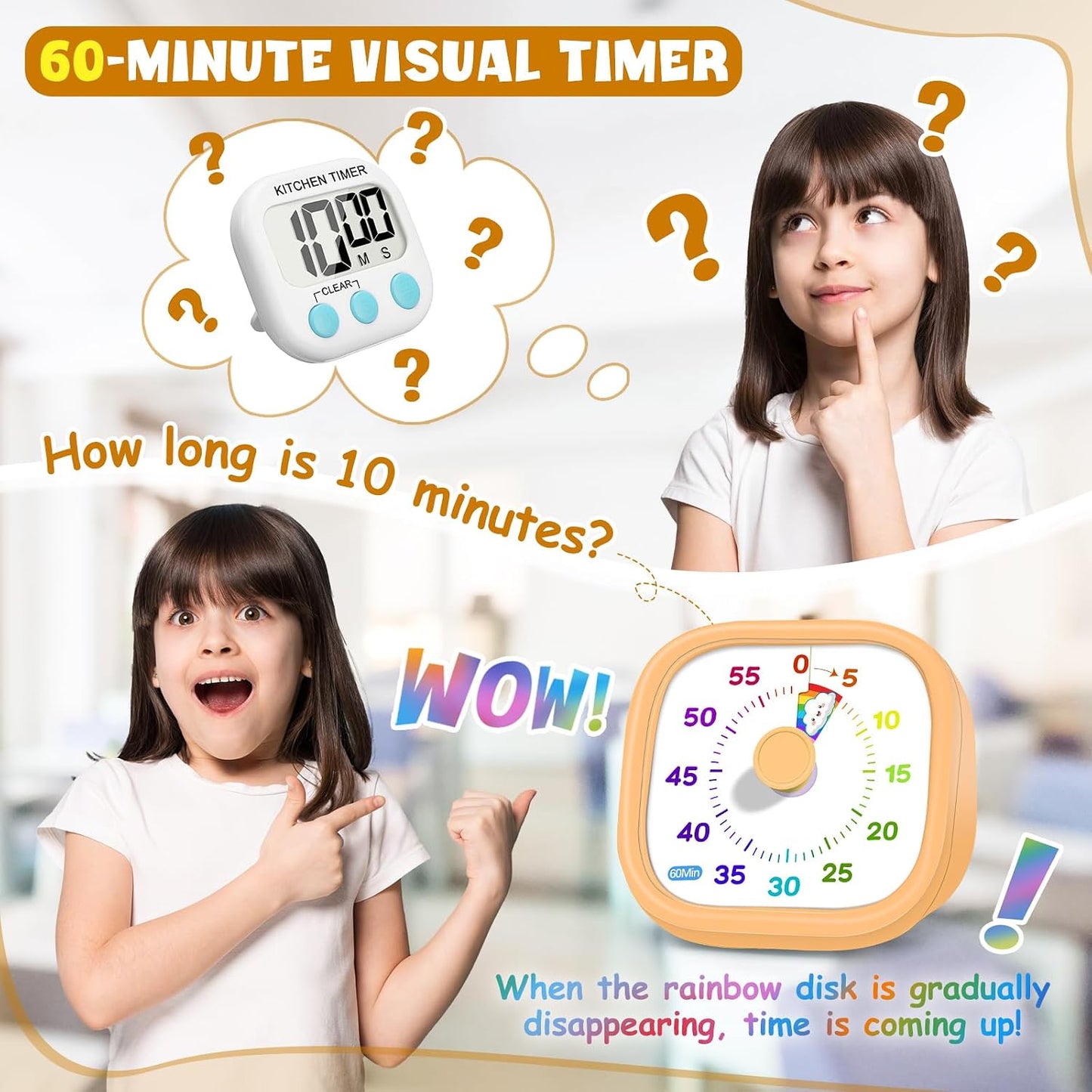 Visual Timer for Kids - 60 Minute Pomodoro Timers for Classroom Kitchen Office, Countdown Kids Timer Clock with Rainbow Disk, Desk Time Management Tool for Toddler with Silent Operation, Blue