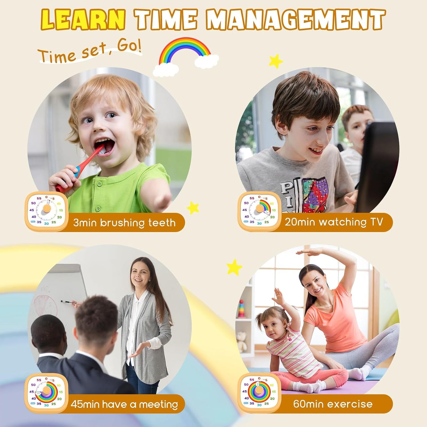 Visual Timer for Kids - 60 Minute Pomodoro Timers for Classroom Kitchen Office, Countdown Kids Timer Clock with Rainbow Disk, Desk Time Management Tool for Toddler with Silent Operation, Blue