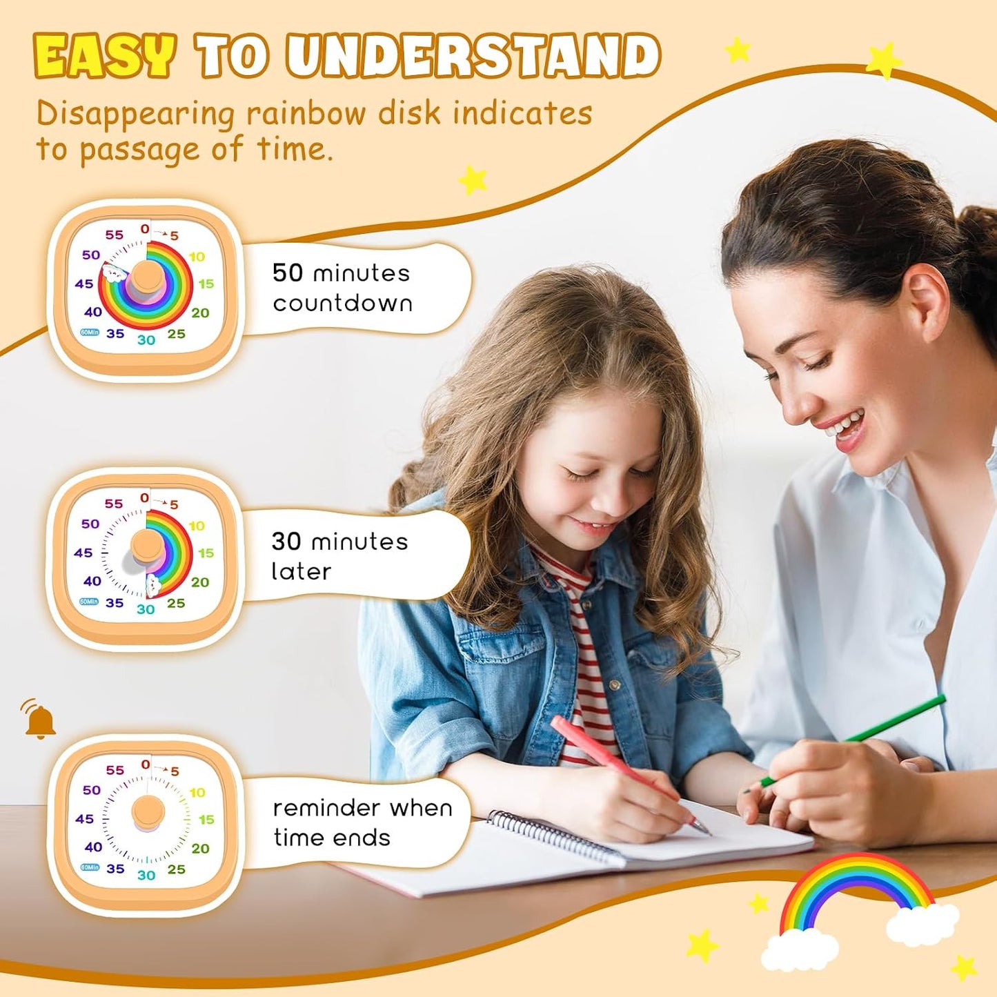 Visual Timer for Kids - 60 Minute Pomodoro Timers for Classroom Kitchen Office, Countdown Kids Timer Clock with Rainbow Disk, Desk Time Management Tool for Toddler with Silent Operation, Blue