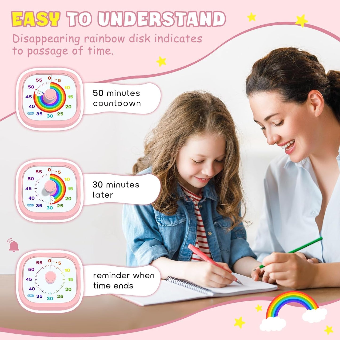 Visual Timer for Kids - 60 Minute Pomodoro Timers for Classroom Kitchen Office, Countdown Kids Timer Clock with Rainbow Disk, Desk Time Management Tool for Toddler with Silent Operation, Blue