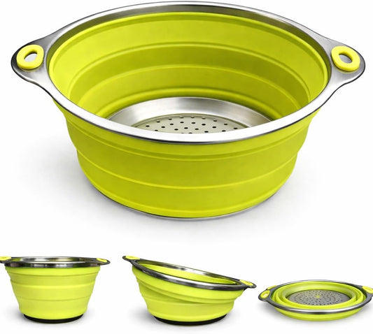 8 inch Color Burst Stainless Steel Silicone Collapsible Colander Strainer - Green