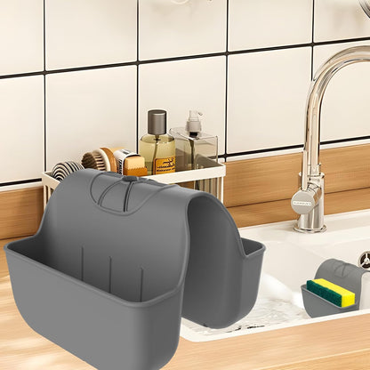 Sponge Holder for Kitchen Sink, Silicone Sink Saddle Caddy Organizer Rack, Sponges Holder Over Faucet, Hanging Kitchen Organizer Accessories Rack Basket - Dark Gray