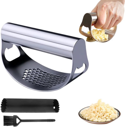 Garlic Press Rocker - 2024 NEW Stainless Steel Garlic Mincer Garlic Crusher with Peeler, New Innovative Garlic Chopper with Peeler and Scraper for Smash Garlic