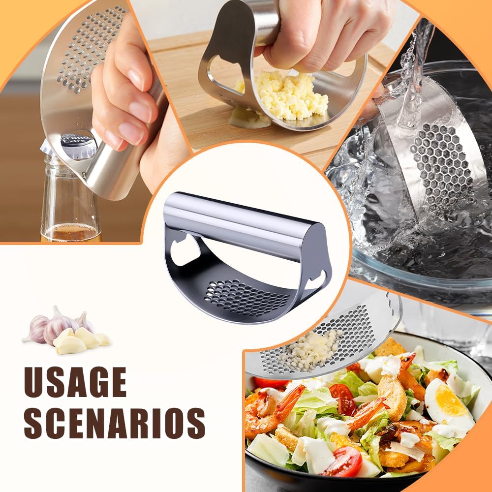 Garlic Press Rocker - 2024 NEW Stainless Steel Garlic Mincer Garlic Crusher with Peeler, New Innovative Garlic Chopper with Peeler and Scraper for Smash Garlic