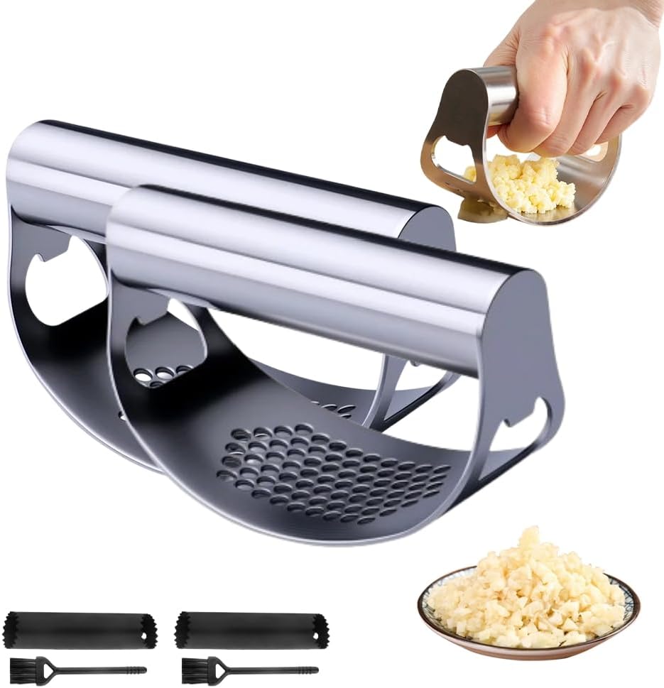 Garlic Press Rocker - 2024 NEW Stainless Steel Garlic Mincer Garlic Crusher with Peeler, New Innovative Garlic Chopper with Peeler and Scraper for Smash Garlic
