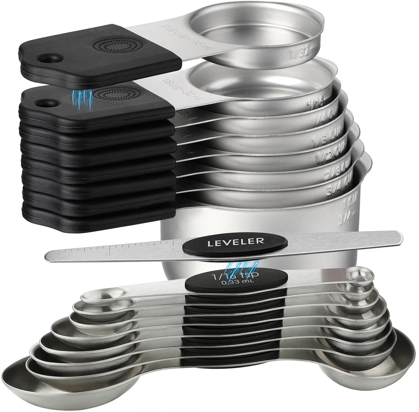 Magnetic Measuring Cups and Spoons Set of 16 Including 7 Stainless Steel Stackable Magnetic Measuring Cup 8 Magnetic Measuring Spoon with Leveler for Measuring Dry Liquid Ingredient