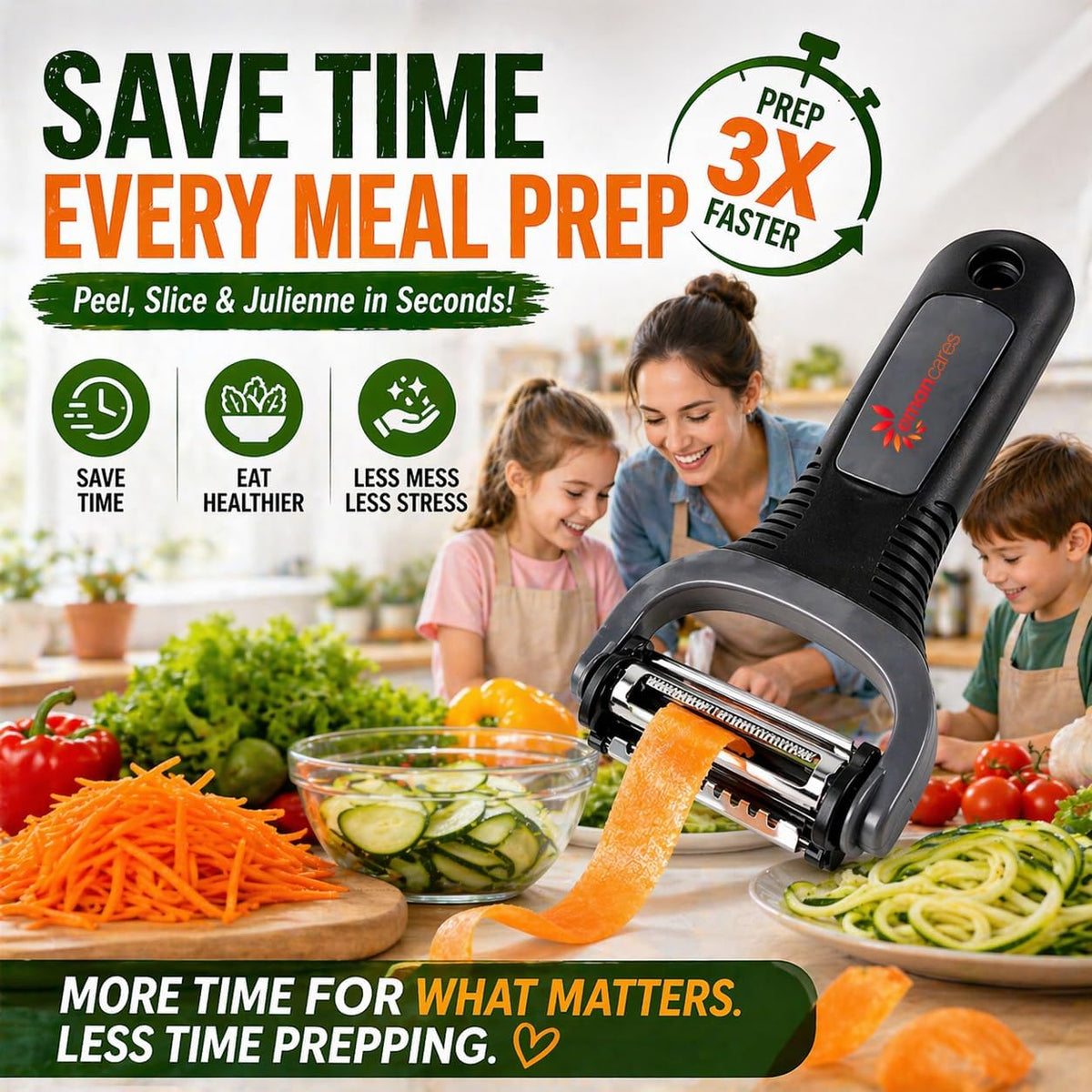 Peel 3X Faster Vegetable Peeler Set (3-Piece) – Ultra-Sharp Stainless Steel Y Peeler, Julienne & Swivel Peeler – Non-Slip Ergonomic Handle for Potatoes, Carrots, Apples