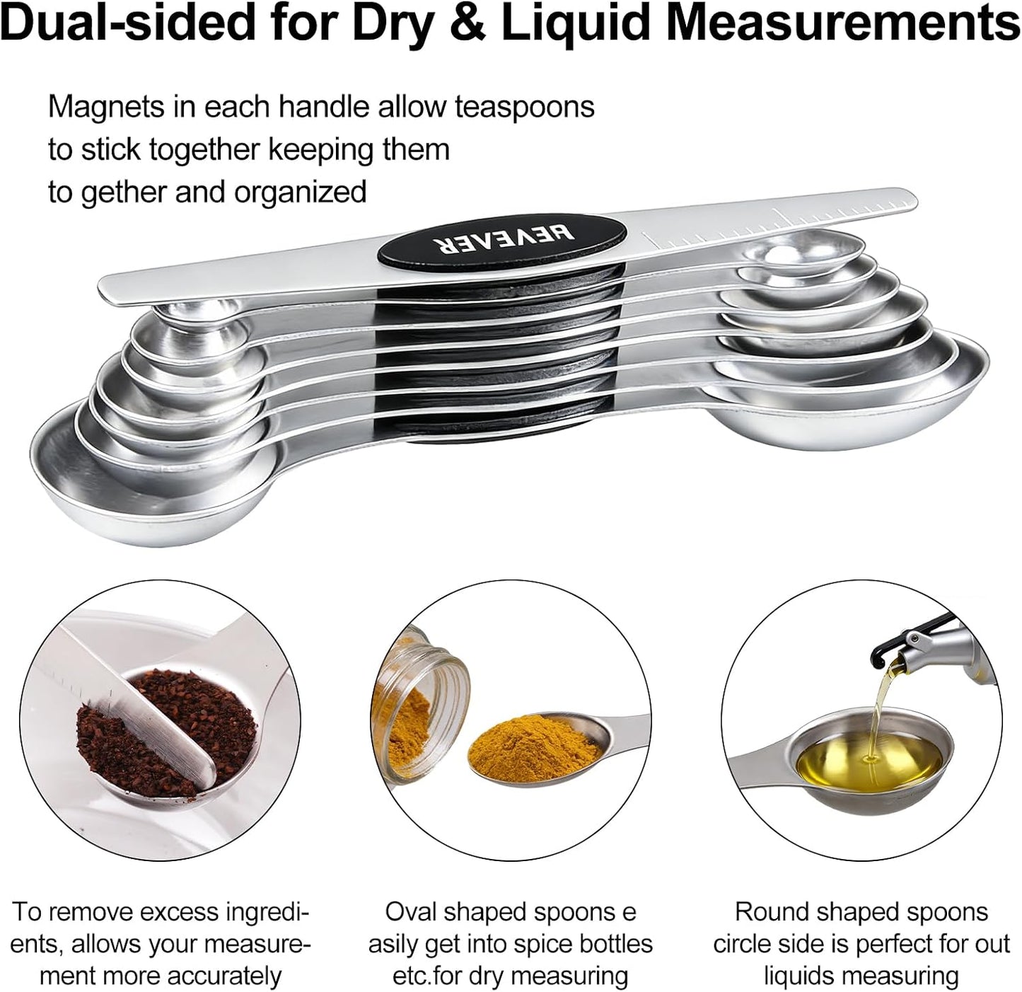 Magnetic Measuring Spoons Set of 8, Stainless Steel Double End Stackable Teaspoon for Cooking and Baking, Tablespoon with Leveler for Measuring Dry and Liquid Ingredients, Multicolor
