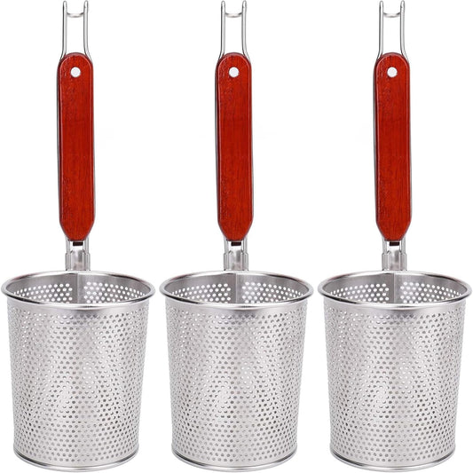 Lawei 3 Pack Pasta Basket Strainer, Stainless Steel Mesh Noodle Strainer with Wooden Handle for Cooking, Boiling, Kitchen Fine Sieve Ramen Spaghetti Basket for Noodles Dumpling Vegetable