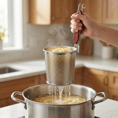 Lawei 3 Pack Pasta Basket Strainer, Stainless Steel Mesh Noodle Strainer with Wooden Handle for Cooking, Boiling, Kitchen Fine Sieve Ramen Spaghetti Basket for Noodles Dumpling Vegetable